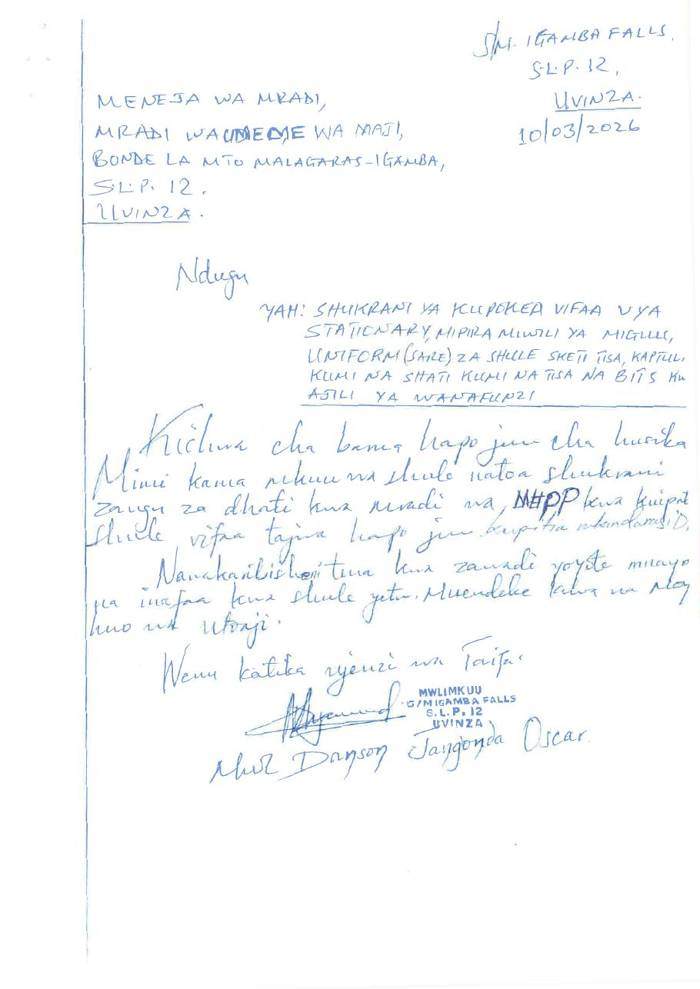 Handwritten letter of appreciation from Igamba Falls Primary School
